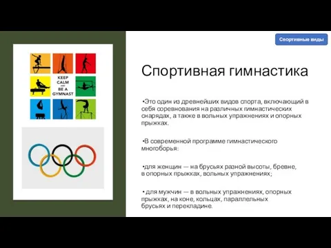 Спортивная гимнастика Это один из древнейших видов спорта, включающий в себя соревнования