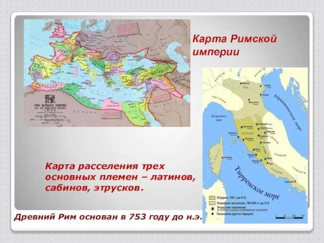 Карта расселения трех основных племен – латинов, сабинов, этрусков. Карта Римской империи