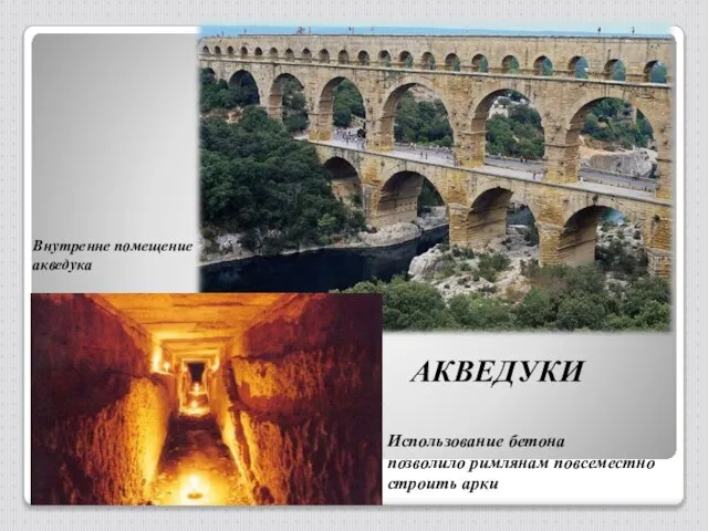 АКВЕДУКИ Использование бетона позволило римлянам повсеместно строить арки Внутренне помещение акведука