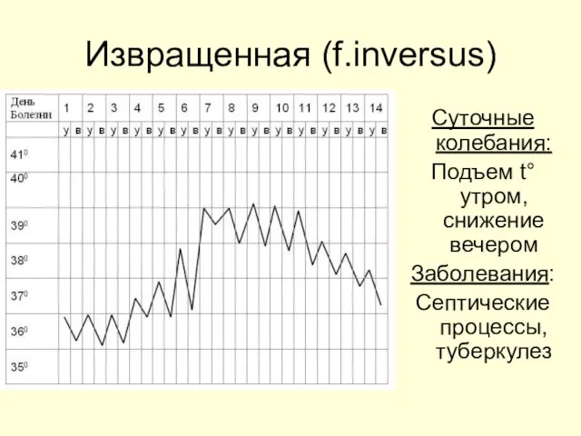 Извращенная (f.inversus) Суточные колебания: Подъем t° утром, снижение вечером Заболевания: Септические процессы, туберкулез