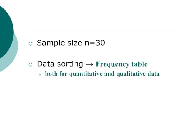 Sample size n=30 Data sorting → Frequency table both for quantitative and qualitative data