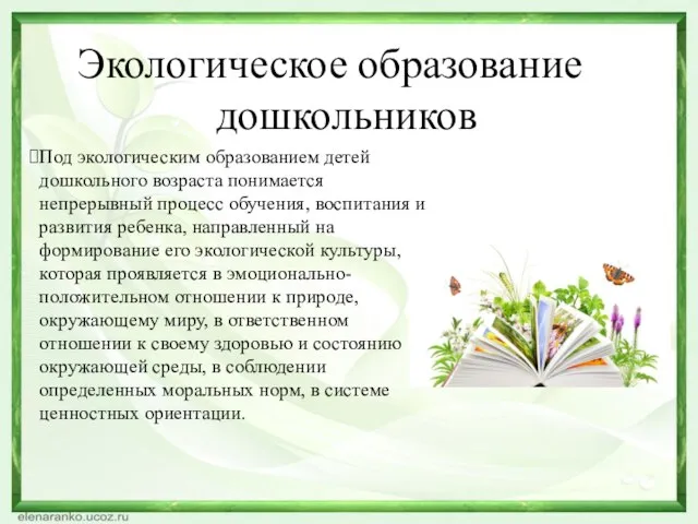 Экологическое образование дошкольников Под экологическим образованием детей дошкольного возраста понимается непрерывный процесс