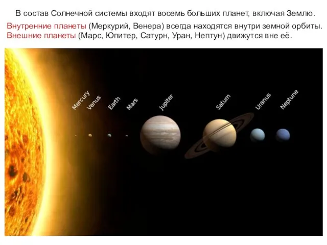 В состав Солнечной системы входят восемь больших планет, включая Землю. Внутренние планеты