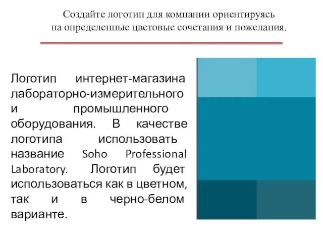 Создайте логотип для компании ориентируясь на определенные цветовые сочетания и пожелания. Логотип