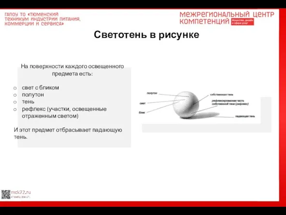 Светотень в рисунке На поверхности каждого освещенного предмета есть: свет с бликом