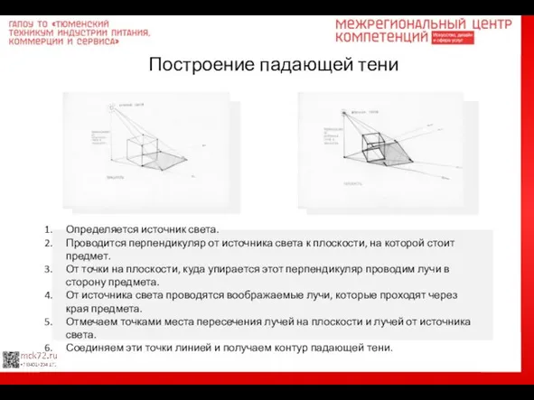 Построение падающей тени Определяется источник света. Проводится перпендикуляр от источника света к