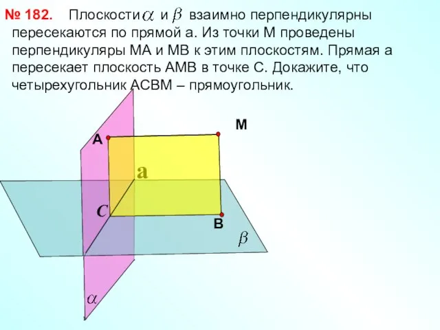 Плоскости и взаимно перпендикулярны пересекаются по прямой a. Из точки М проведены