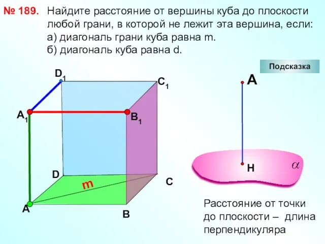 Найдите расстояние от вершины куба до плоскости любой грани, в которой не