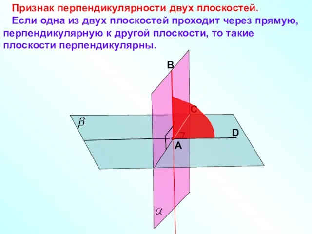 Признак перпендикулярности двух плоскостей. Если одна из двух плоскостей проходит через прямую,