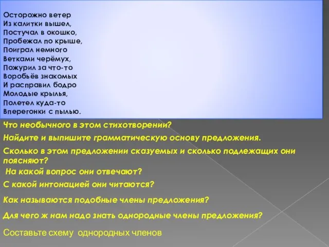 Осторожно ветер Из калитки вышел, Постучал в окошко, Пробежал по крыше, Поиграл