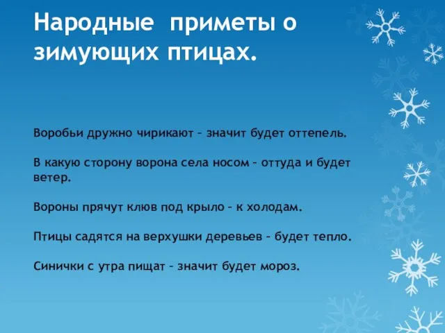 Народные приметы о зимующих птицах. Воробьи дружно чирикают – значит будет оттепель.