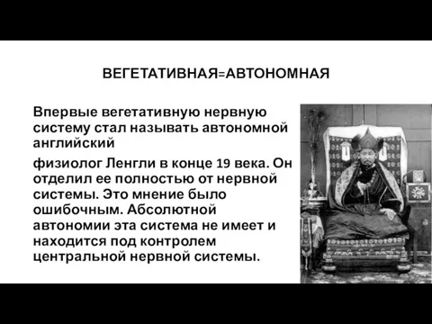 ВЕГЕТАТИВНАЯ=АВТОНОМНАЯ Впервые вегетативную нервную систему стал называть автономной английский физиолог Ленгли в