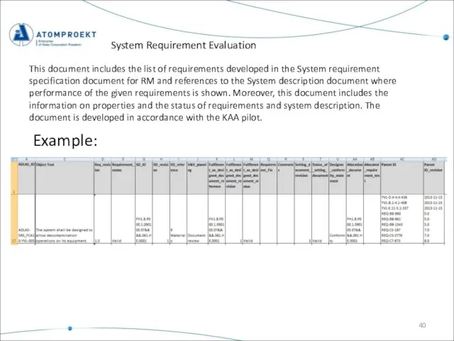 System Requirement Evaluation Example: This document includes the list of requirements developed