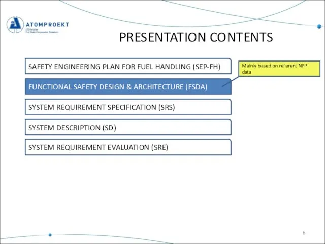 PRESENTATION CONTENTS SAFETY ENGINEERING PLAN FOR FUEL HANDLING (SEP-FH) FUNCTIONAL SAFETY DESIGN