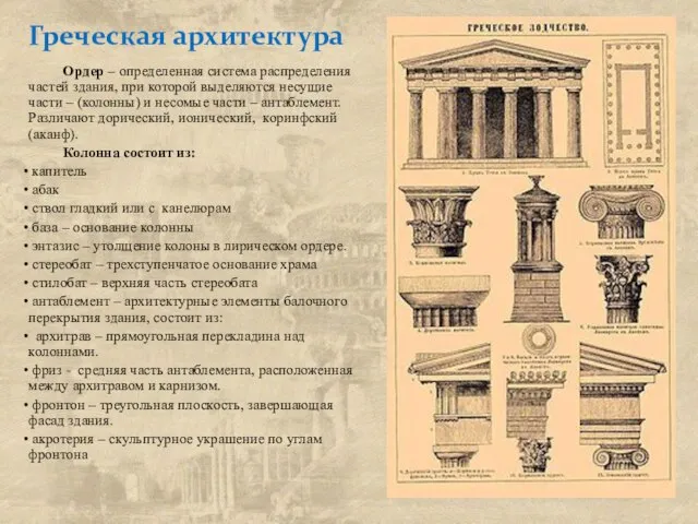 Греческая архитектура Ордер – определенная система распределения частей здания, при которой выделяются