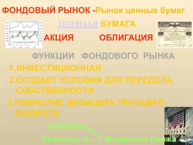 ФОНДОВЫЙ РЫНОК -Рынок ценных бумаг ЦЕННАЯ БУМАГА АКЦИЯ ОБЛИГАЦИЯ ФУНКЦИИ ФОНДОВОГО РЫНКА