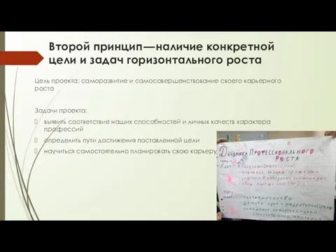 Второй принцип — наличие конкретной цели и задач горизонтального роста Цель проекта: