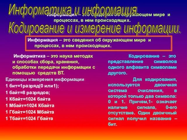 Информация – это сведения об окружающем мире и процессах, в нем происходящих.