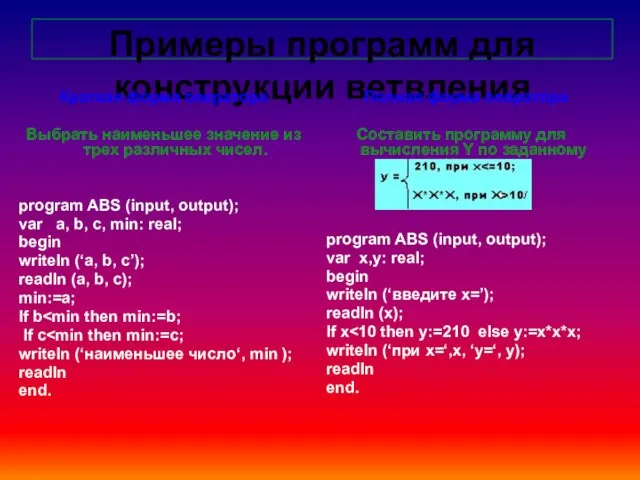 Примеры программ для конструкции ветвления Краткая форма оператора Выбрать наименьшее значение из