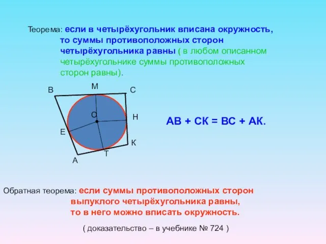 Теорема: если в четырёхугольник вписана окружность, то суммы противоположных сторон четырёхугольника равны