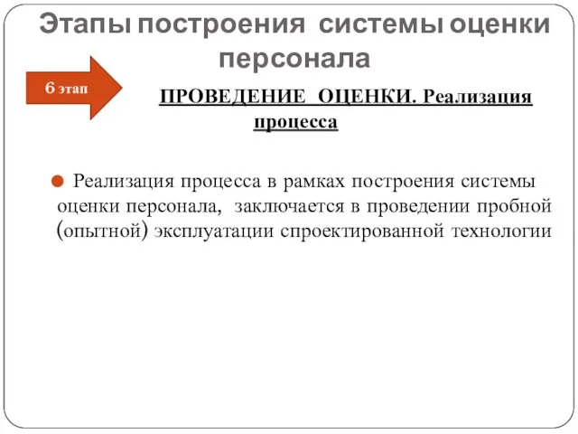 Этапы построения системы оценки персонала ПРОВЕДЕНИЕ ОЦЕНКИ. Реализация процесса Реализация процесса в