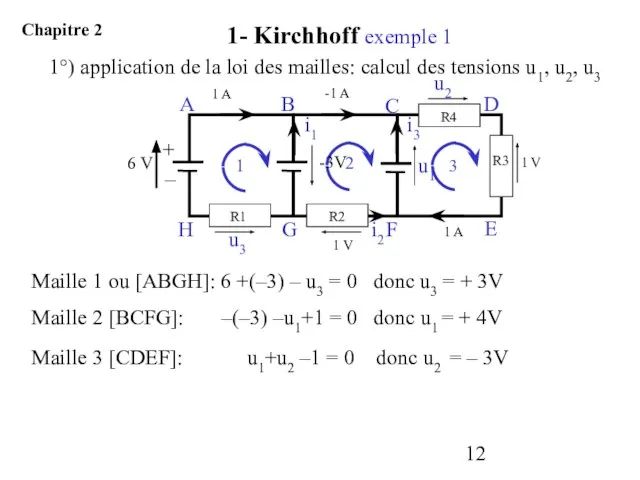 1°) application de la loi des mailles: calcul des tensions u1, u2, u3