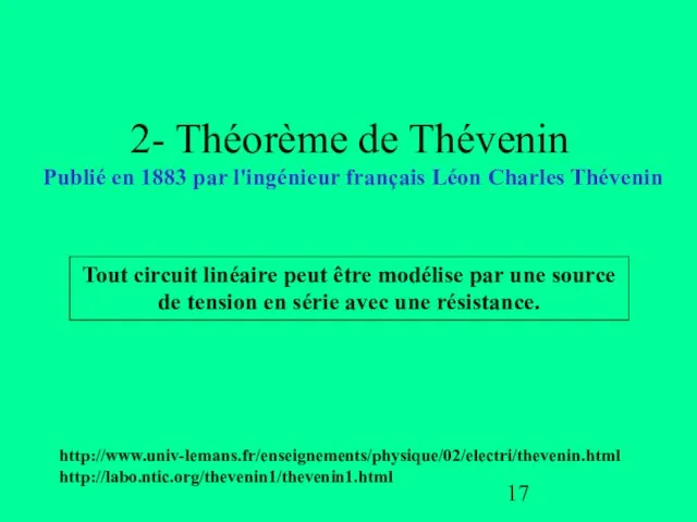 2- Théorème de Thévenin Publié en 1883 par l'ingénieur français Léon Charles