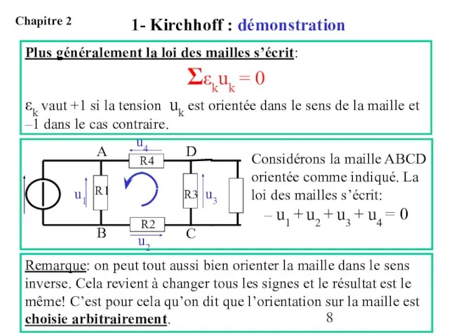 Plus généralement la loi des mailles s’écrit: Σεkuk = 0 εk vaut