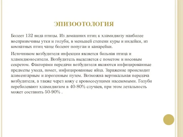 эпизоотология Болеет 132 вида птицы. Из домашних птиц к хламидиозу наиболее восприимчивы