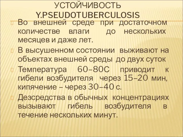 УСТОЙЧИВОСТЬ Y.PSEUDOTUBERCULOSIS Во внешней среде при достаточном количестве влаги до нескольких месяцев