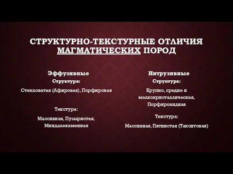 СТРУКТУРНО-ТЕКСТУРНЫЕ ОТЛИЧИЯ МАГМАТИЧЕСКИХ ПОРОД Эффузивные Структура: Стекловатая (Афировая), Порфировая Текстура: Массивная, Пузыристая,