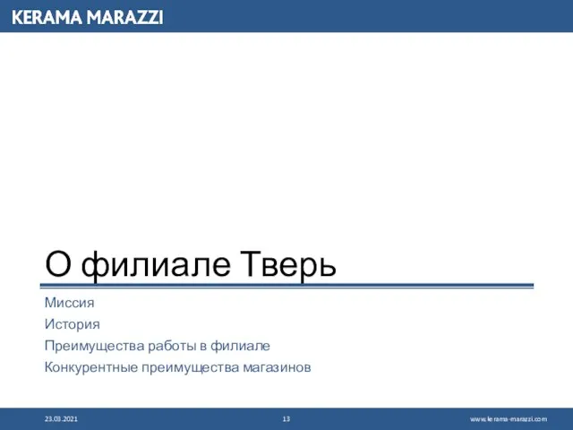 О филиале Тверь Миссия История Преимущества работы в филиале Конкурентные преимущества магазинов 23.03.2021