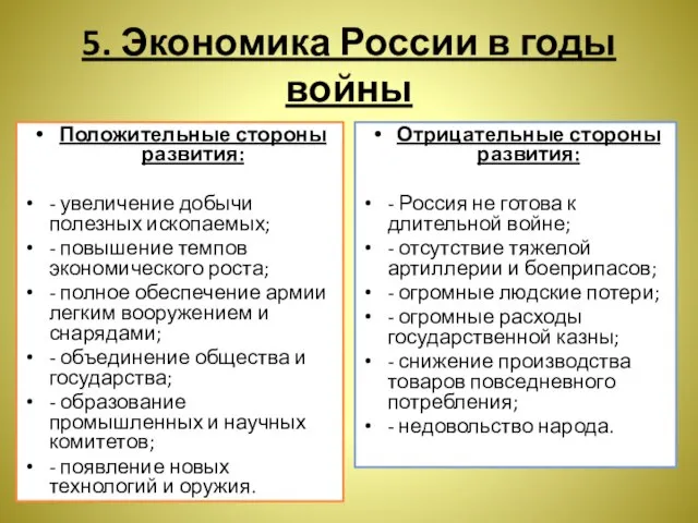 5. Экономика России в годы войны Положительные стороны развития: - увеличение добычи