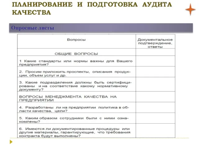 ПЛАНИРОВАНИЕ И ПОДГОТОВКА АУДИТА КАЧЕСТВА Опросные листы