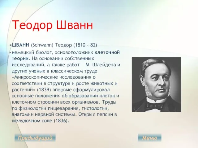 Теодор Шванн ШВАНН (Schwann) Теодор (1810 - 82) немецкий биолог, основоположник клеточной