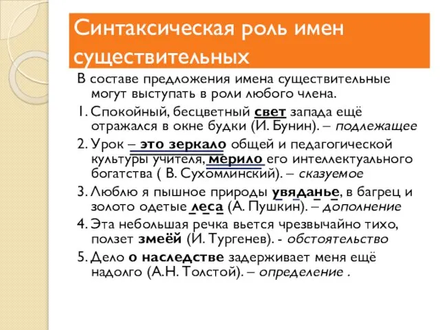 Синтаксическая роль имен существительных В составе предложения имена существительные могут выступать в