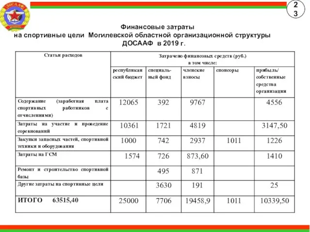 Финансовые затраты на спортивные цели Могилевской областной организационной структуры ДОСААФ в 2019 г.