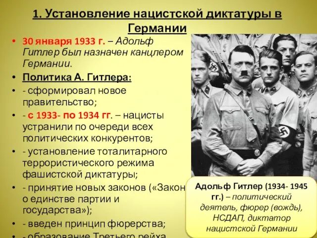 1. Установление нацистской диктатуры в Германии 30 января 1933 г. – Адольф