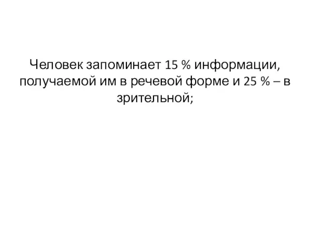 Человек запоминает 15 % информации, получаемой им в речевой форме и 25 % – в зрительной;