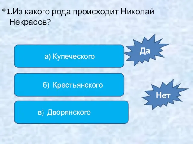 *1.Из какого рода происходит Николай Некрасов? а) Купеческого б) Крестьянского в) Дворянского Да Нет