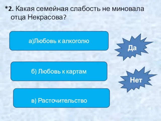 *2. Какая семейная слабость не миновала отца Некрасова? а)Любовь к алкоголю б)