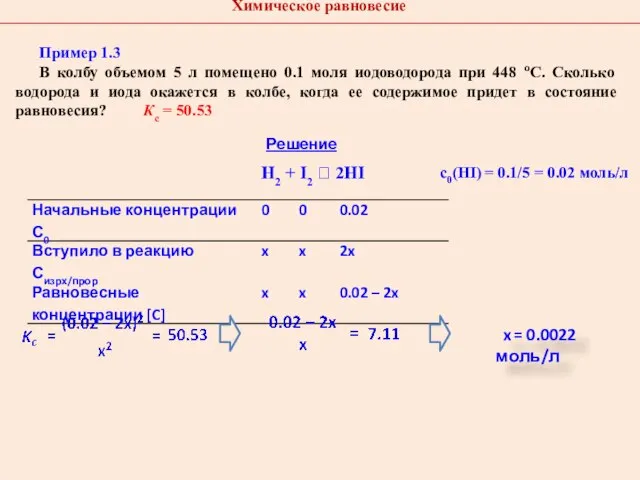 H2 + I2 ⮀ 2HI x = 0.0022 моль/л Пример 1.3 В