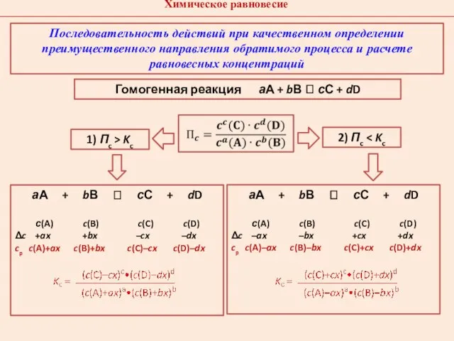 Гомогенная реакция аА + bВ ⮀ сС + dD 1) Пc >