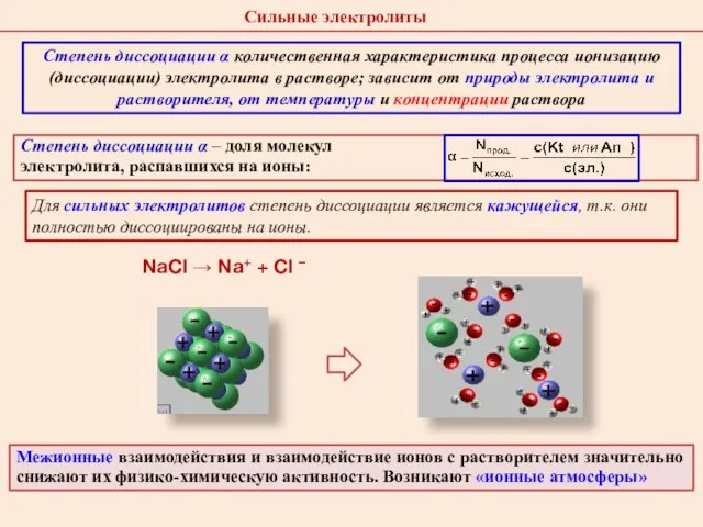 Степень диссоциации α – доля молекул электролита, распавшихся на ионы: Для сильных