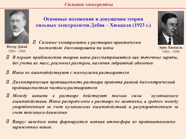 Петер Дебай 1884 - 1966 Эрих Хюккель 1896 - 1980 Сильные электролиты