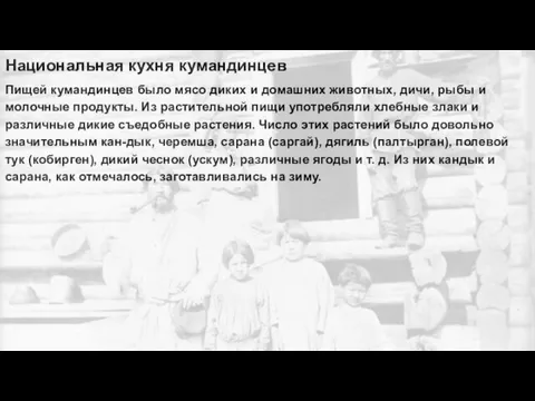 Национальная кухня кумандинцев Пищей кумандинцев было мясо диких и домашних животных, дичи,