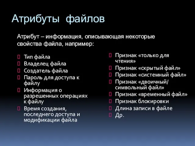 Атрибуты файлов Тип файла Владелец файла Создатель файла Пароль для доступа к