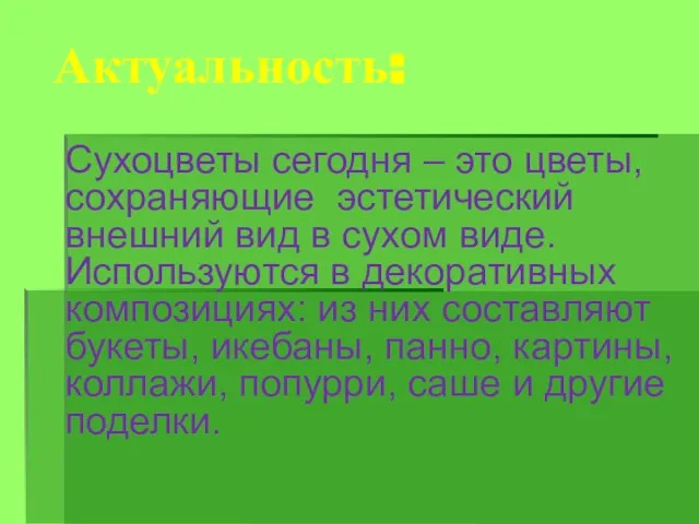 Актуальность: Сухоцветы сегодня – это цветы, сохраняющие эстетический внешний вид в сухом