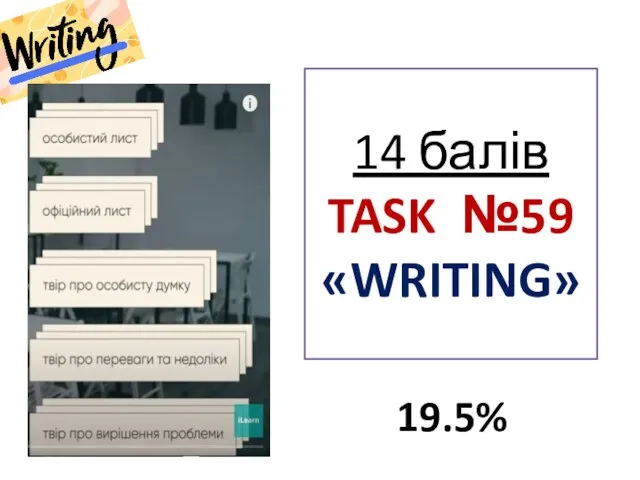 14 балів TASK №59 «WRITING» 19.5%
