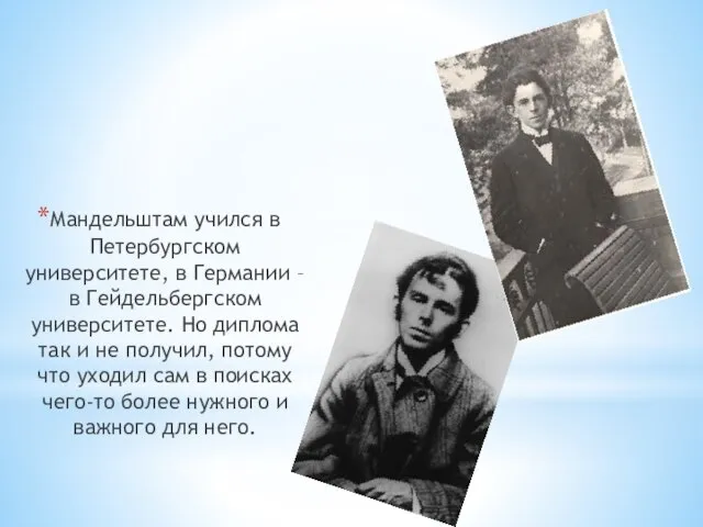 Мандельштам учился в Петербургском университете, в Германии – в Гейдельбергском университете. Но